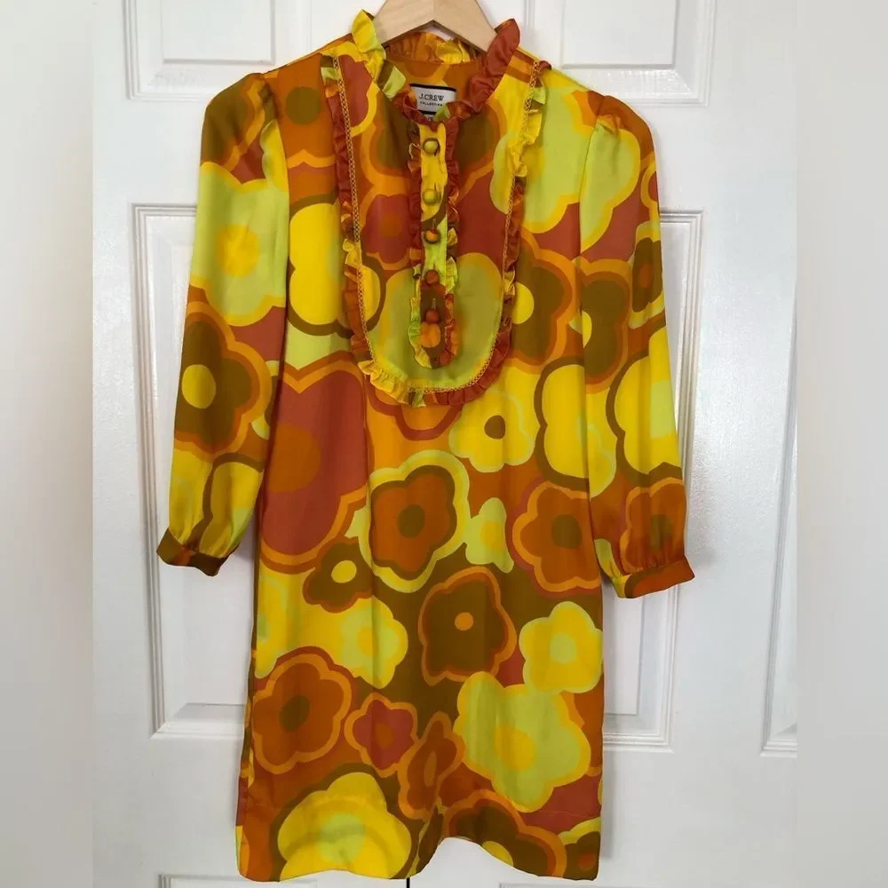 J.Crew Collection Dress Ratti Ruffle Neck Mod Shift Dress Size 00 - Picture 7 of 13